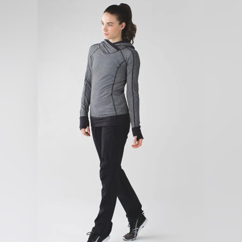 Lululemon Think Fast Hoodie sweatshirt Gray Black heathered rushed hem Size 8
